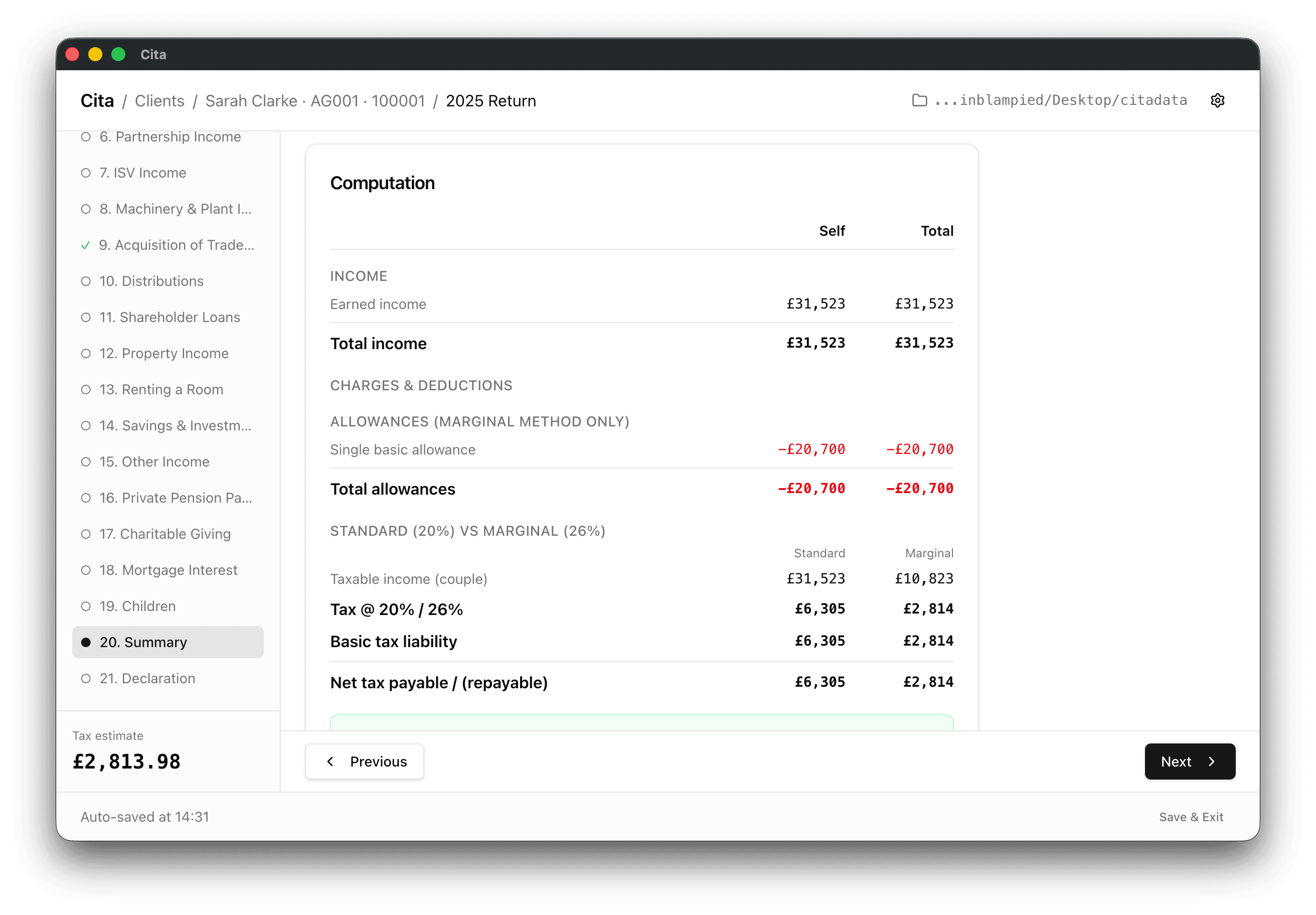 Cita tax computation summary showing income, allowances and net tax payable