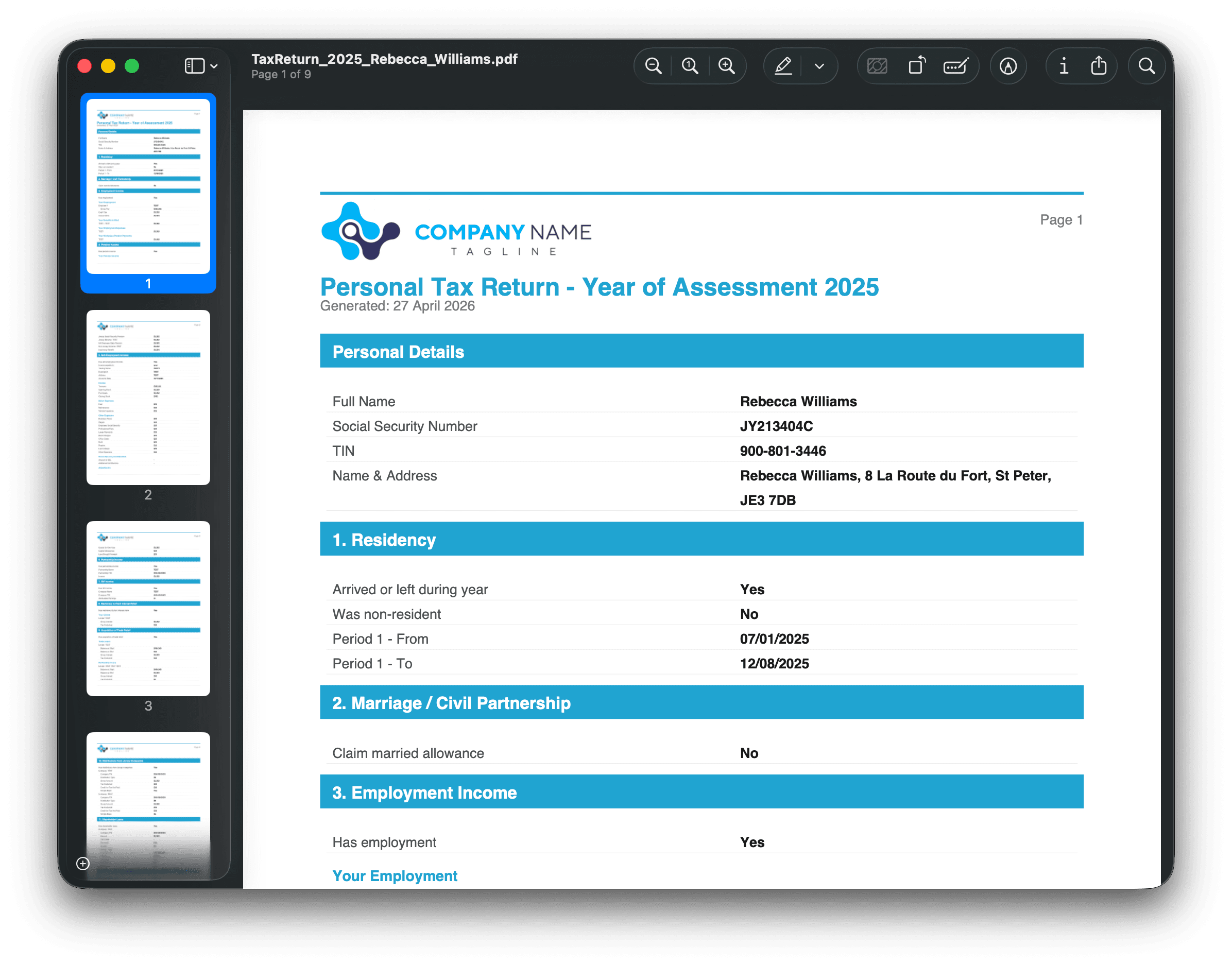 Branded Cita tax return PDF export ready for client review